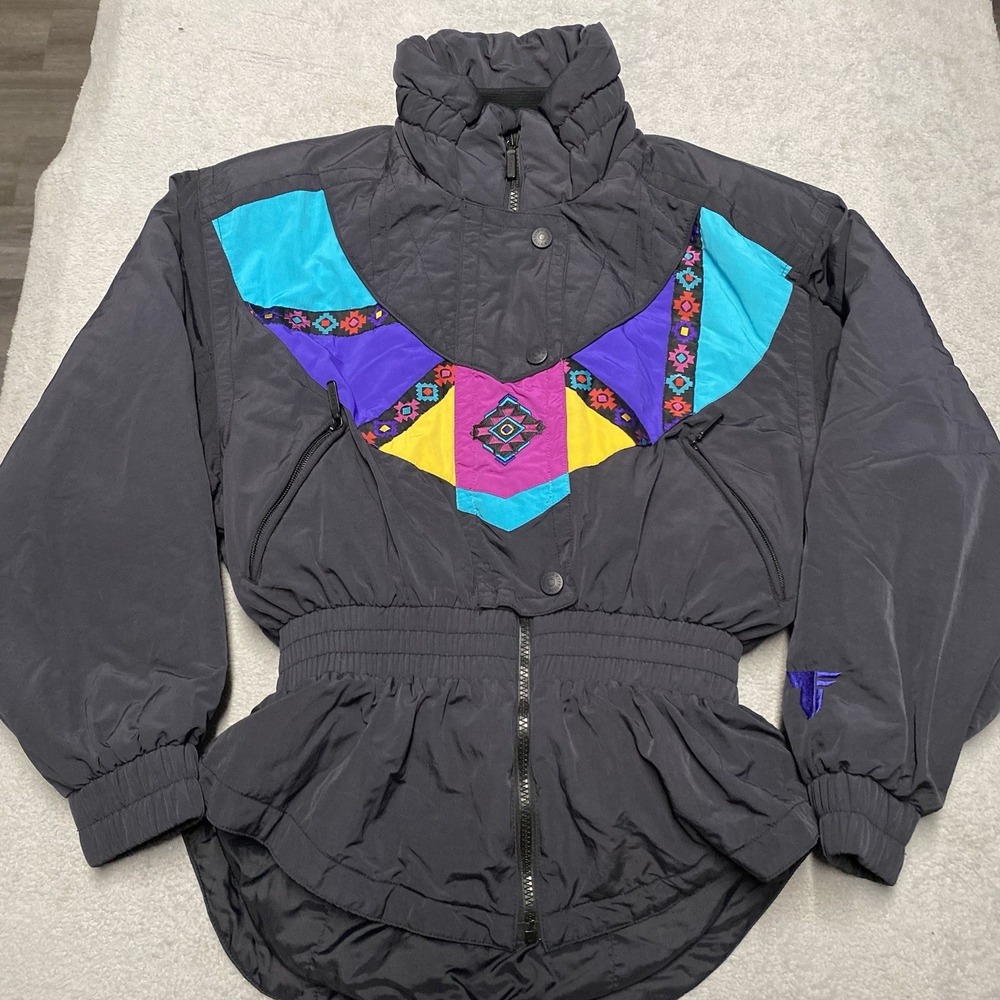 Vintage Tyrolia Ski Jacket Womens 8 Tribal Aztec Cinch Waist 90s Colorful